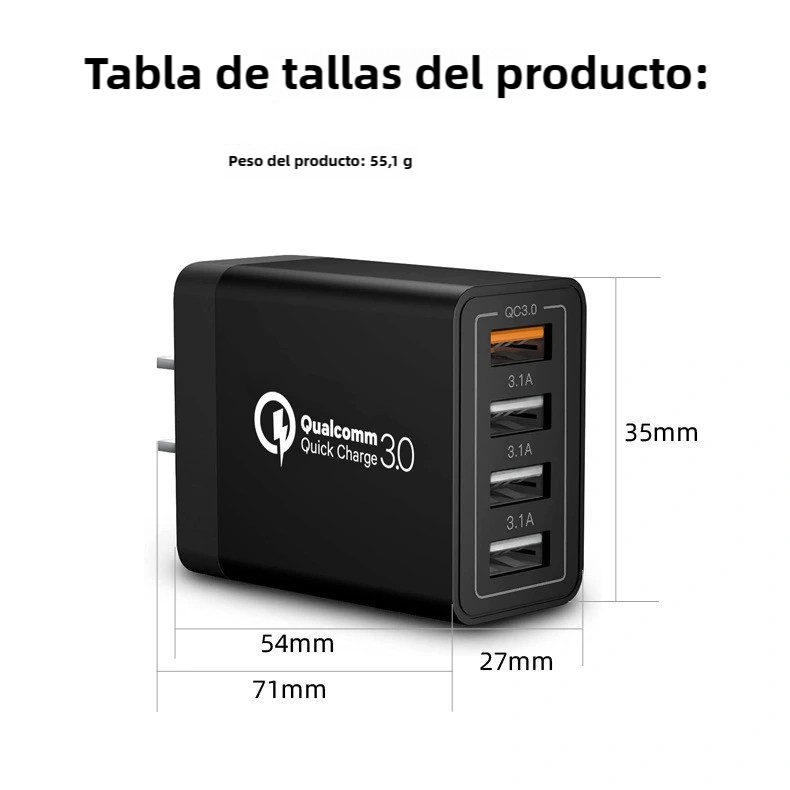 Cargador Rápido de 4 Puertos USB 48W con QC 3.0 y Protección Inteligente CI003 - Yesmart
