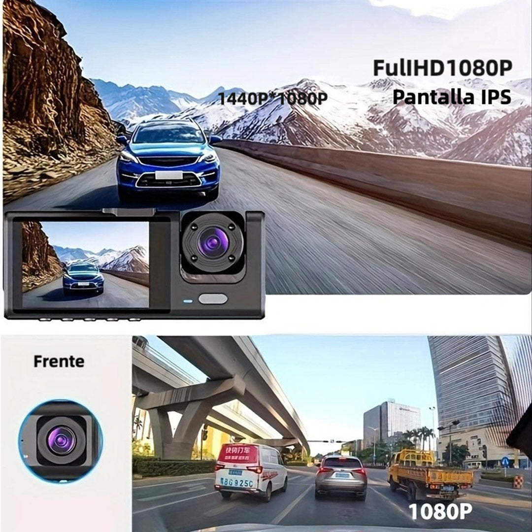 Cámara de Panel Frontal y Posterior de 3 Canales con Soporte - Grabación en Alta Definición, Visión Nocturna, Función de Bloqueo, y Grabación en Bucle - CV006