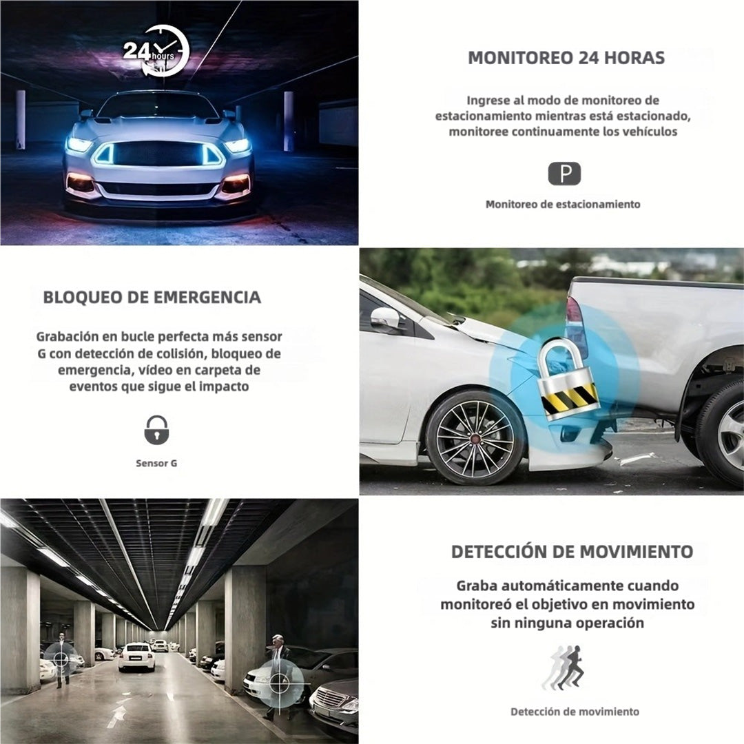 Cámara de Panel Frontal y Posterior de 3 Canales con Soporte - Grabación en Alta Definición, Visión Nocturna, Función de Bloqueo, y Grabación en Bucle - CV006