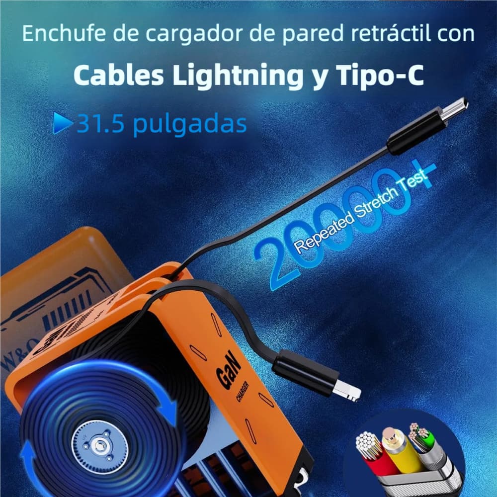 Cargador Retráctil GaN 45W con Cables Tipo C y Lightning | Carga Rápida Ultra Potente | Diseño Compacto para Viajes
