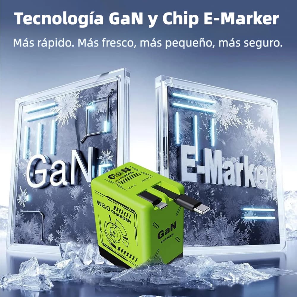 Cargador Retráctil GaN 45W con Cables Tipo C y Lightning | Carga Rápida Ultra Potente | Diseño Compacto para Viajes