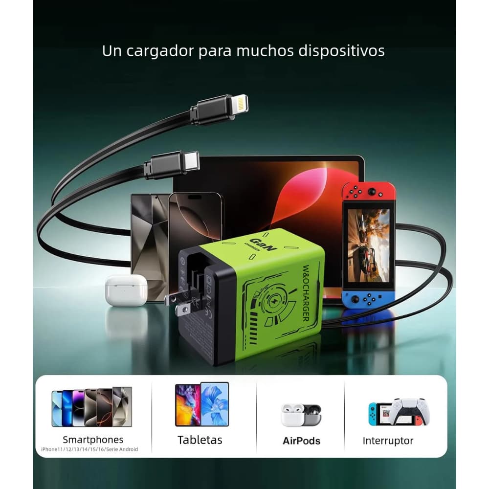 Cargador Retráctil GaN 45W con Cables Tipo C y Lightning | Carga Rápida Ultra Potente | Diseño Compacto para Viajes