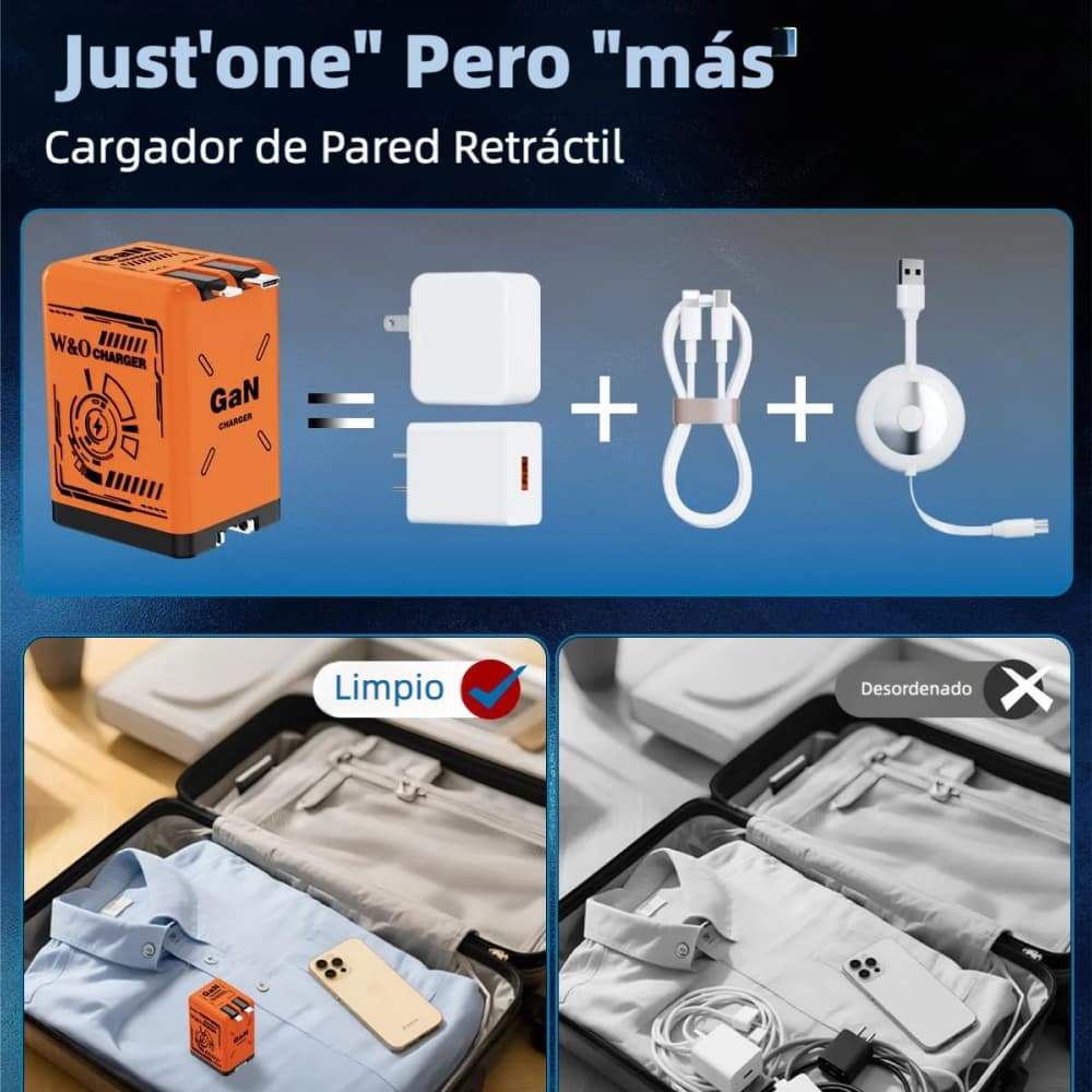Cargador Retráctil GaN 45W con Cables Tipo C y Lightning | Carga Rápida Ultra Potente | Diseño Compacto para Viajes