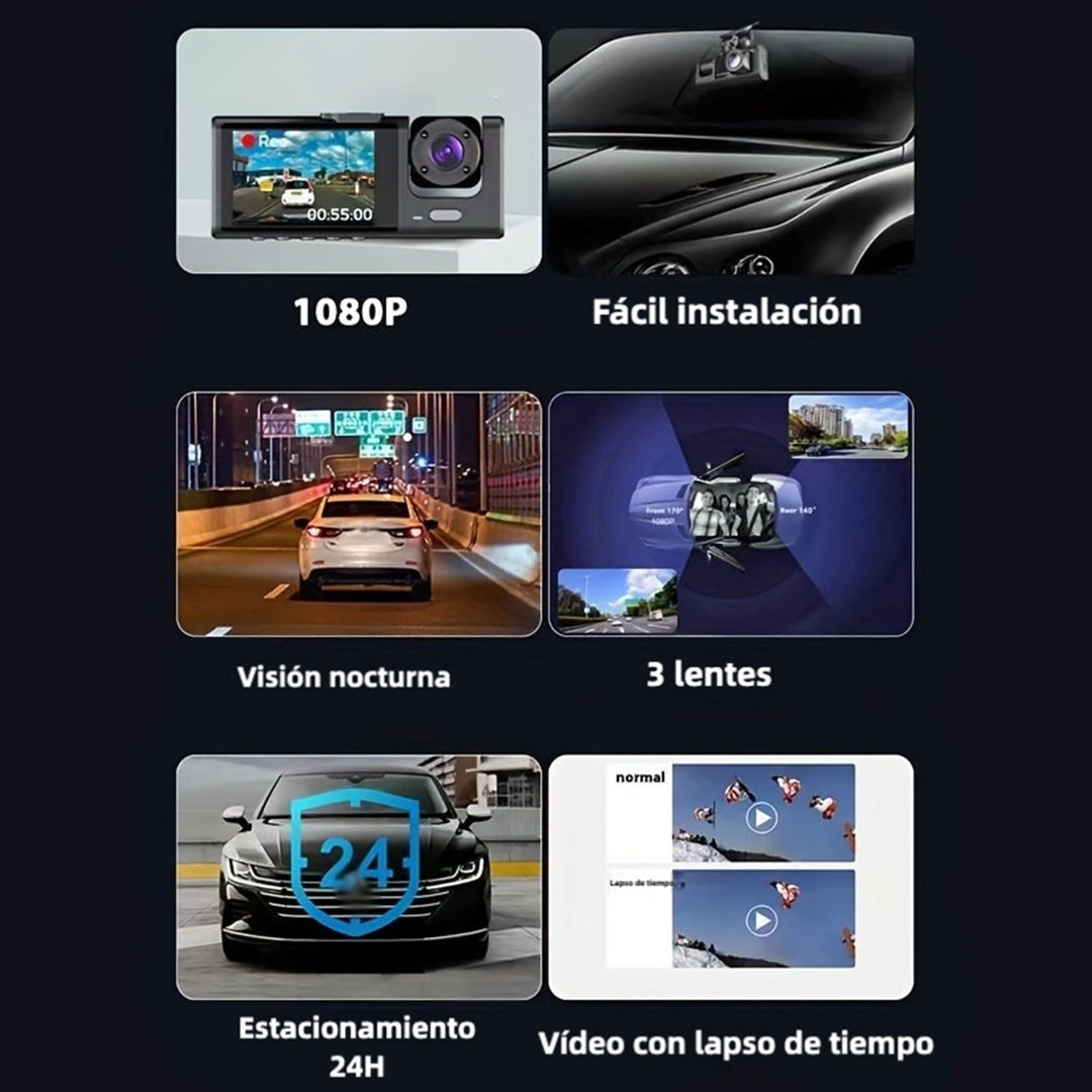 Cámara de Panel Frontal y Posterior de 3 Canales con Soporte - Grabación en Alta Definición, Visión Nocturna, Función de Bloqueo, y Grabación en Bucle - CV006