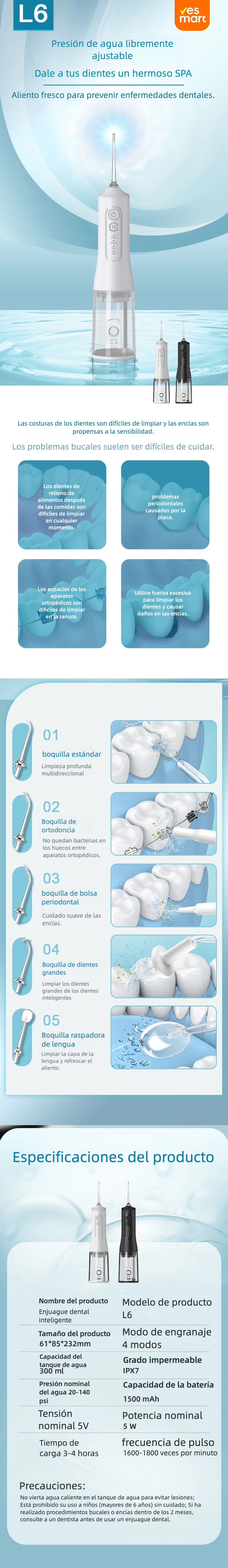 Limpiador Dental Portátil Recargable, Irrigador Bucal Potente, 4 Modos de Presión para Limpiar los Dientes, Must-Have para Viajes y Familia - CS003