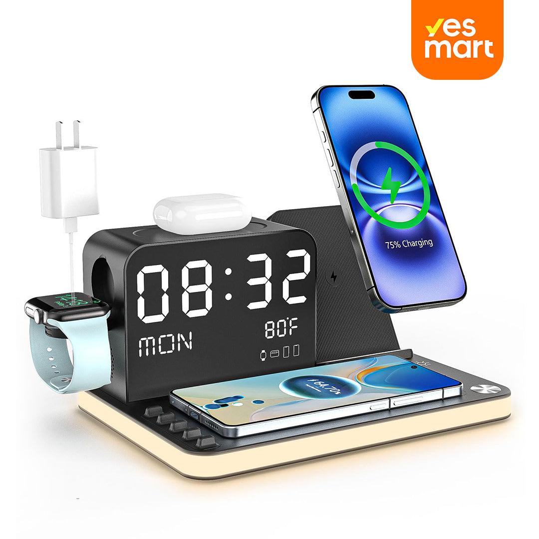 Estación de Carga Inalámbrica 7 en 1 con Reloj Bluetooth y Luz Ambiental – CI018