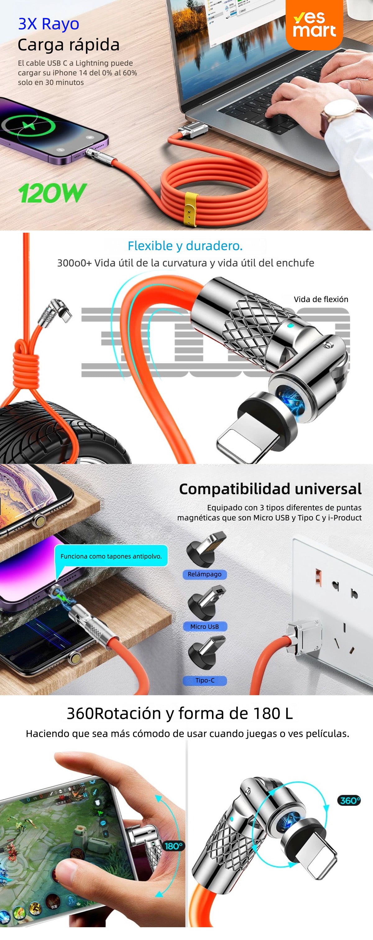 Cable de Carga Magnético 3 en 1 120W con Giro de 540° – Compatible con Lightning, USB-C y Micro USB - CI017