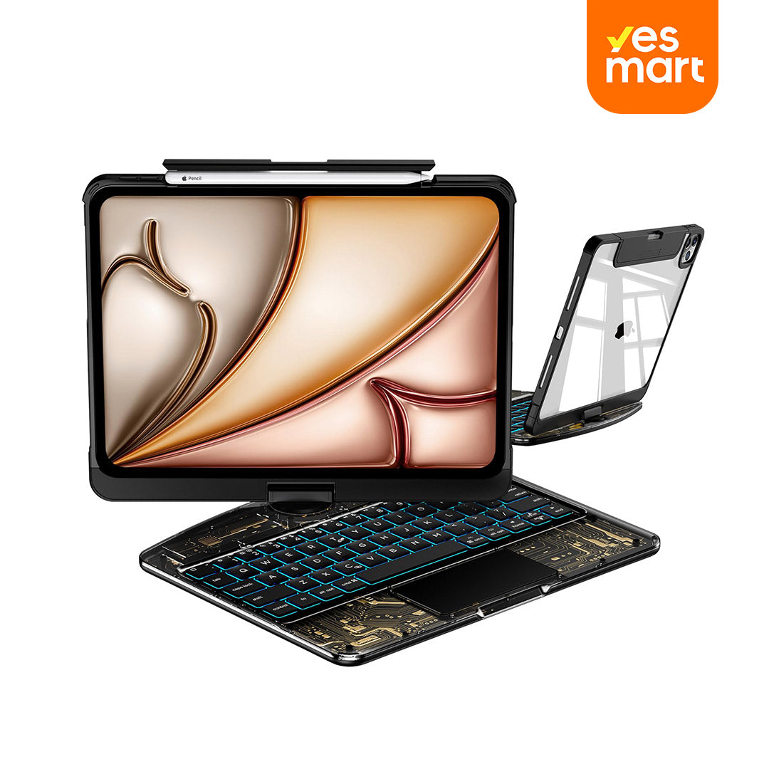 Teclado Inalámbrico Bluetooth 360° con Trackpad Multitáctil para iPad Air 11 Pro 13 2024, 10,9 10,2 Pulgadas, Retroiluminado y con Soporte para Apple Pencil - KM009