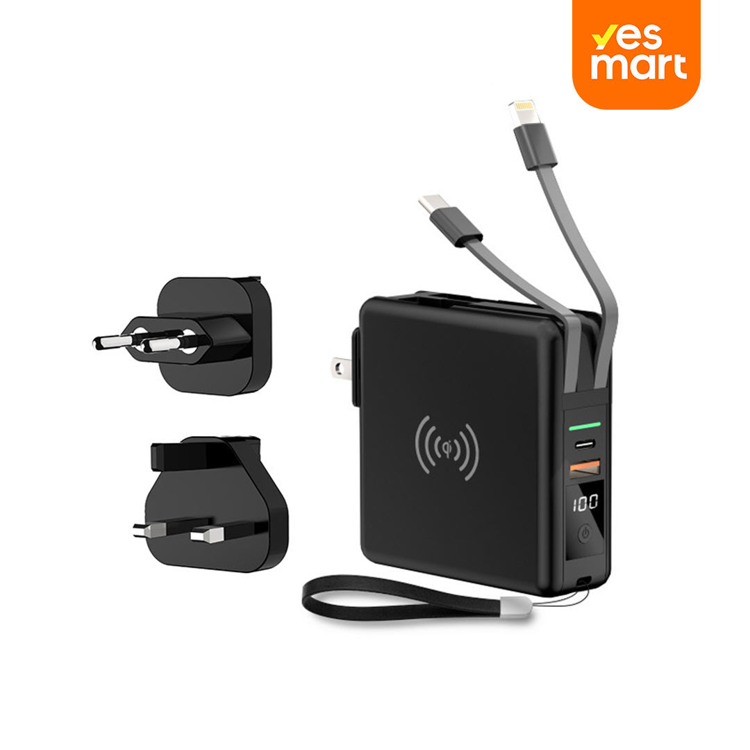 Banco de Energía 5 en 1 Internacional 10000mAh, Cargador Portátil Inalámbrico con Enchufe AC y Cable Integrado (Type-C y Lighting USB) - 4 Salidas y 2 Entradas BP005