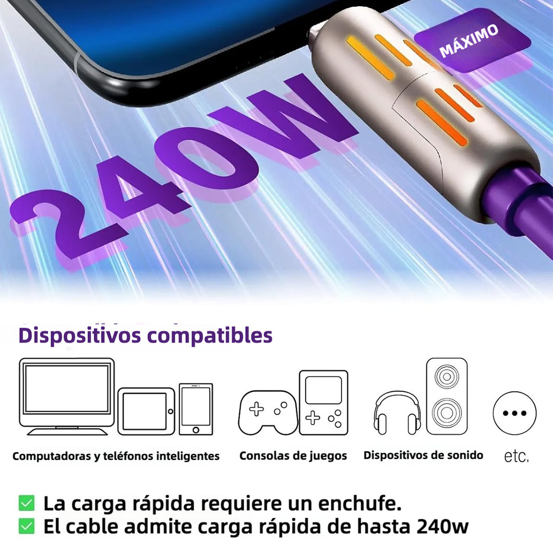 Cable USB-C 4 en 1 con Luz LED y Carga Rápida PD 5A, Sincronización de Datos, 240W, 4 pies, Compatible con iPhone, Samsung y Dispositivos Múltiples CI012 - Yesmart