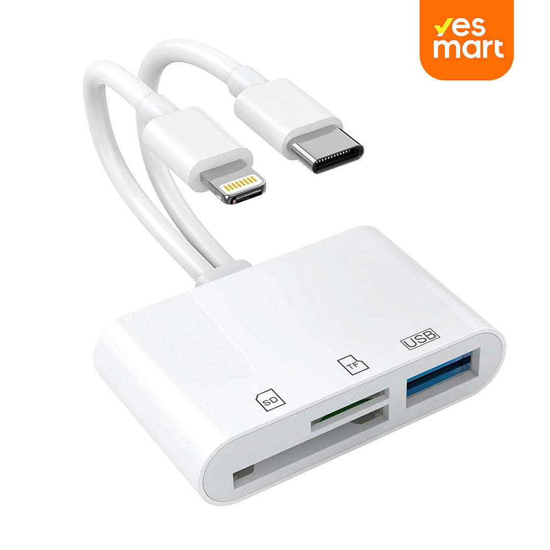 Adaptador de Tarjetas SD y USB 3.0 de 2 Puertos para iPhone, iPad, USB-C y Lightning - Lector de Memoria para SD, Micro SD, USB, Plug & Play - TM003