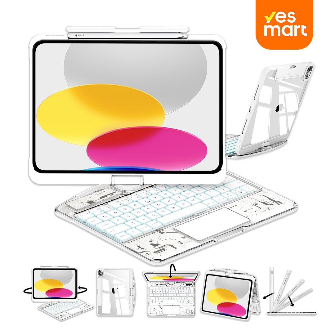 Teclado Inalámbrico Bluetooth 360° con Trackpad Multitáctil para iPad Air 11 Pro 13 2024, 10,9 10,2 Pulgadas, Retroiluminado y con Soporte para Apple Pencil - KM009