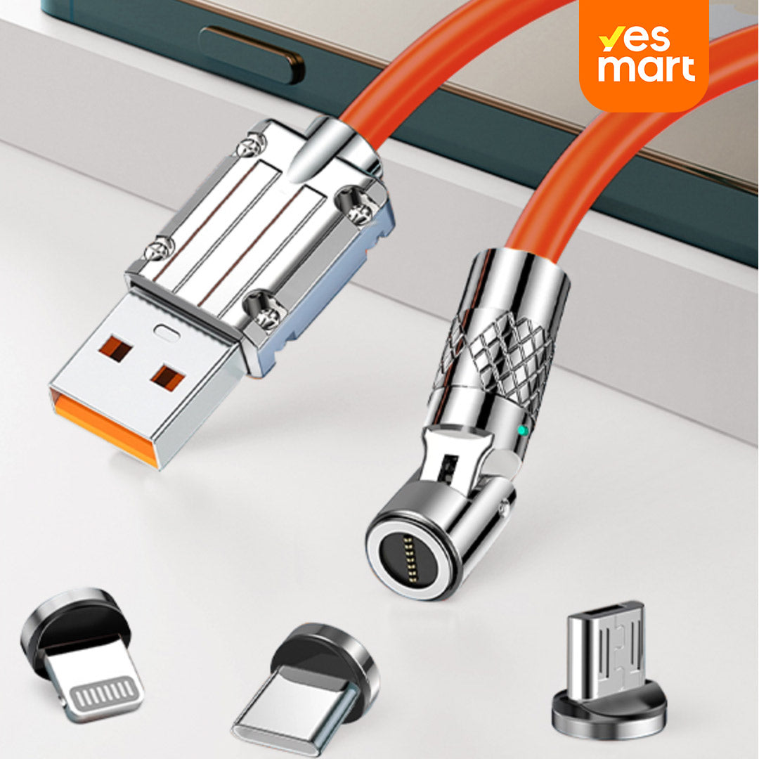 Cable de Carga Magnético 3 en 1 120W con Giro de 540° – Compatible con Lightning, USB-C y Micro USB - CI017