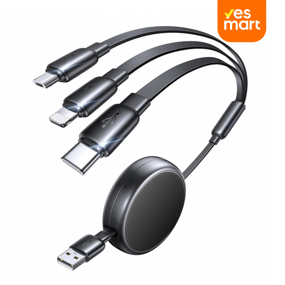 Cable de Carga 3 en 1 Retráctil para Auto, USB-C/Lightning/Micro USB, Portátil con Aluminio - CI022