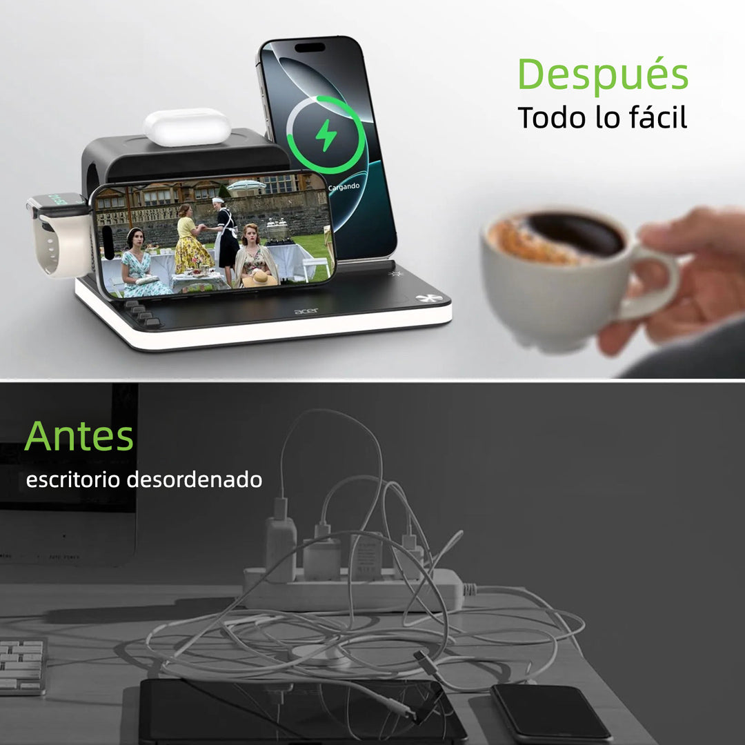 Estación de Carga Inalámbrica 7 en 1 con Reloj Bluetooth y Luz Ambiental – CI018