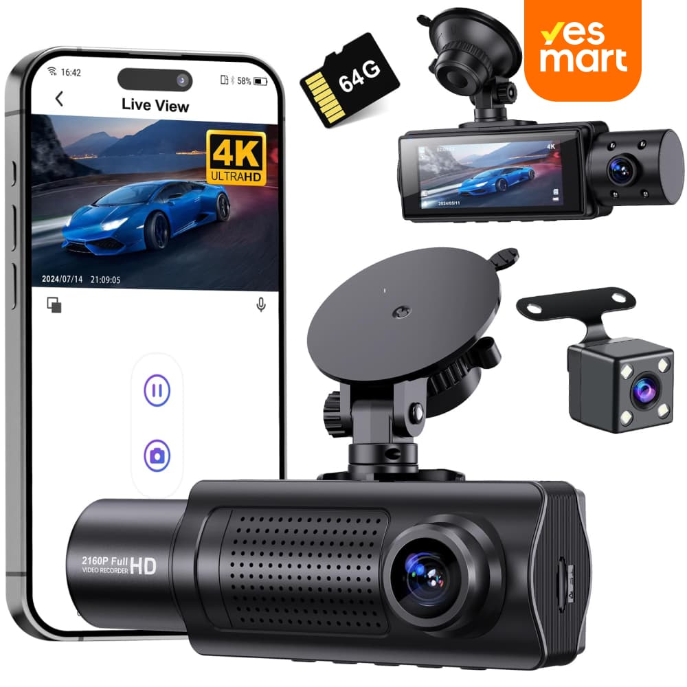 Miden X5 Cámara Dash Cam 4K WiFi Frontal + Interior + Trasera – Grabación 2160P/1080P, Visión 360°, 3 Canales, con Tarjeta SD 64GB Incluida