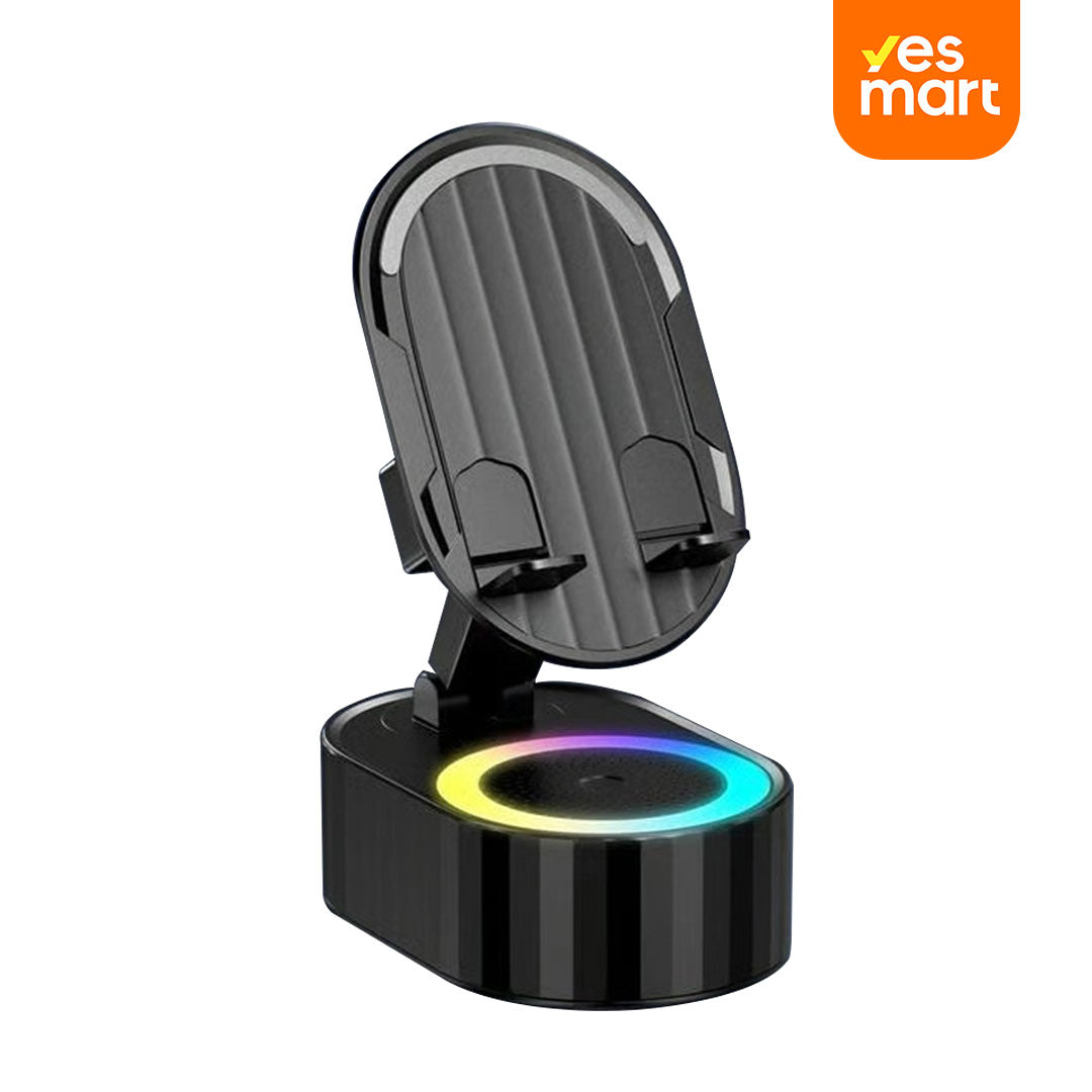 Upgraded Cell Phone Stand with Induction Speaker, Power Bank & Atmosphere Light – Adjustable, Foldable, and Compatible with Smartphones and Tablets BS018