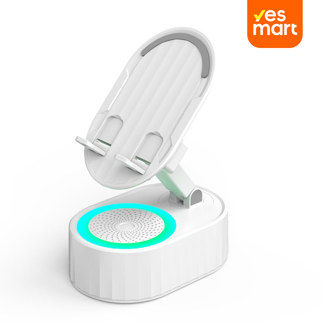 Upgraded Cell Phone Stand with Induction Speaker, Power Bank & Atmosphere Light – Adjustable, Foldable, and Compatible with Smartphones and Tablets BS018