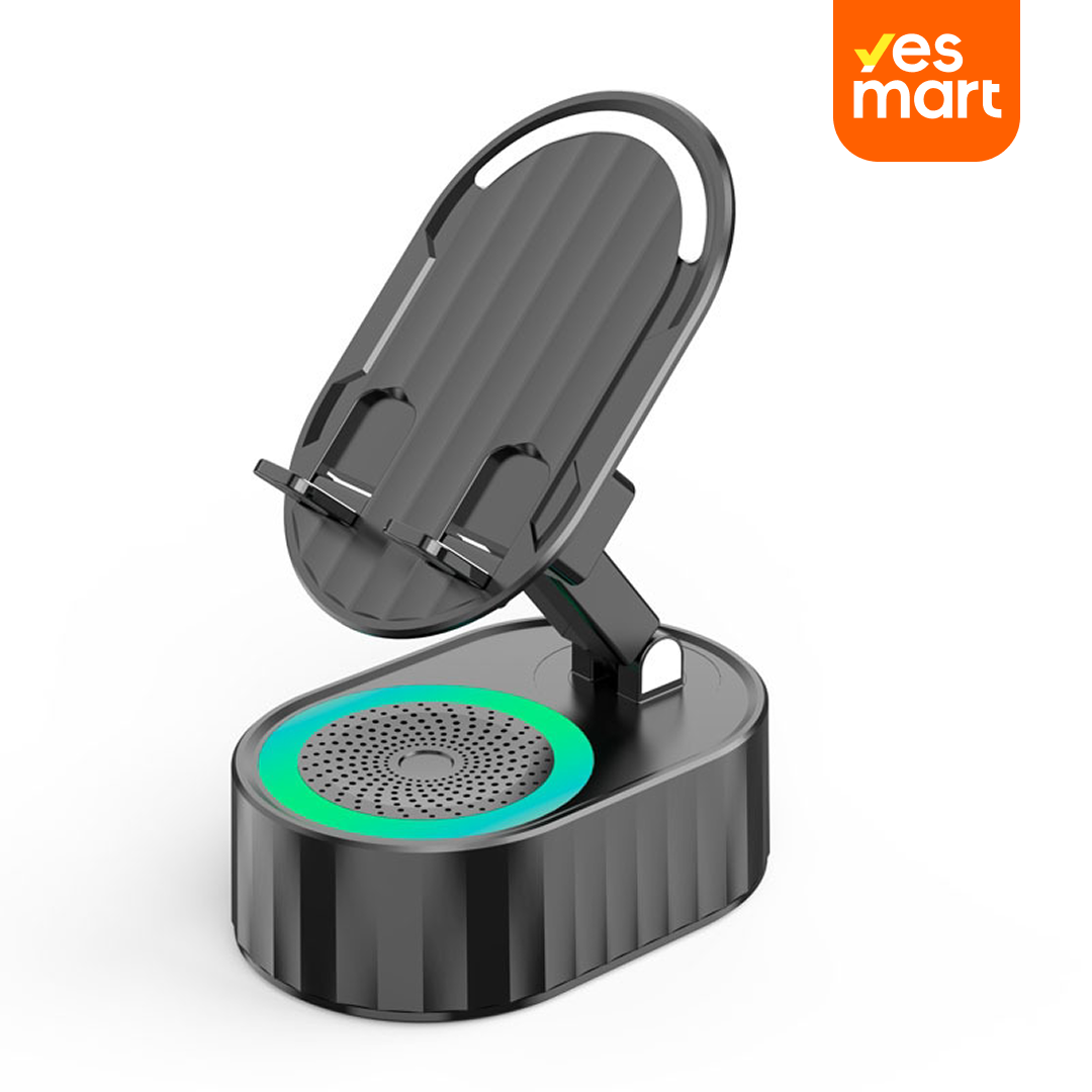 Upgraded Cell Phone Stand with Induction Speaker, Power Bank & Atmosphere Light – Adjustable, Foldable, and Compatible with Smartphones and Tablets BS018