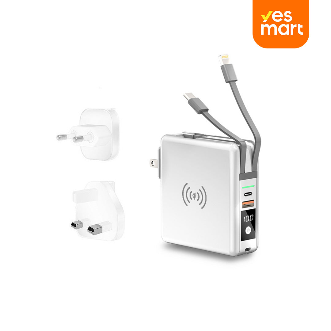 Banco de Energía 5 en 1 Internacional 10000mAh, Cargador Portátil Inalámbrico con Enchufe AC y Cable Integrado (Type-C y Lighting USB) - 4 Salidas y 2 Entradas BP005