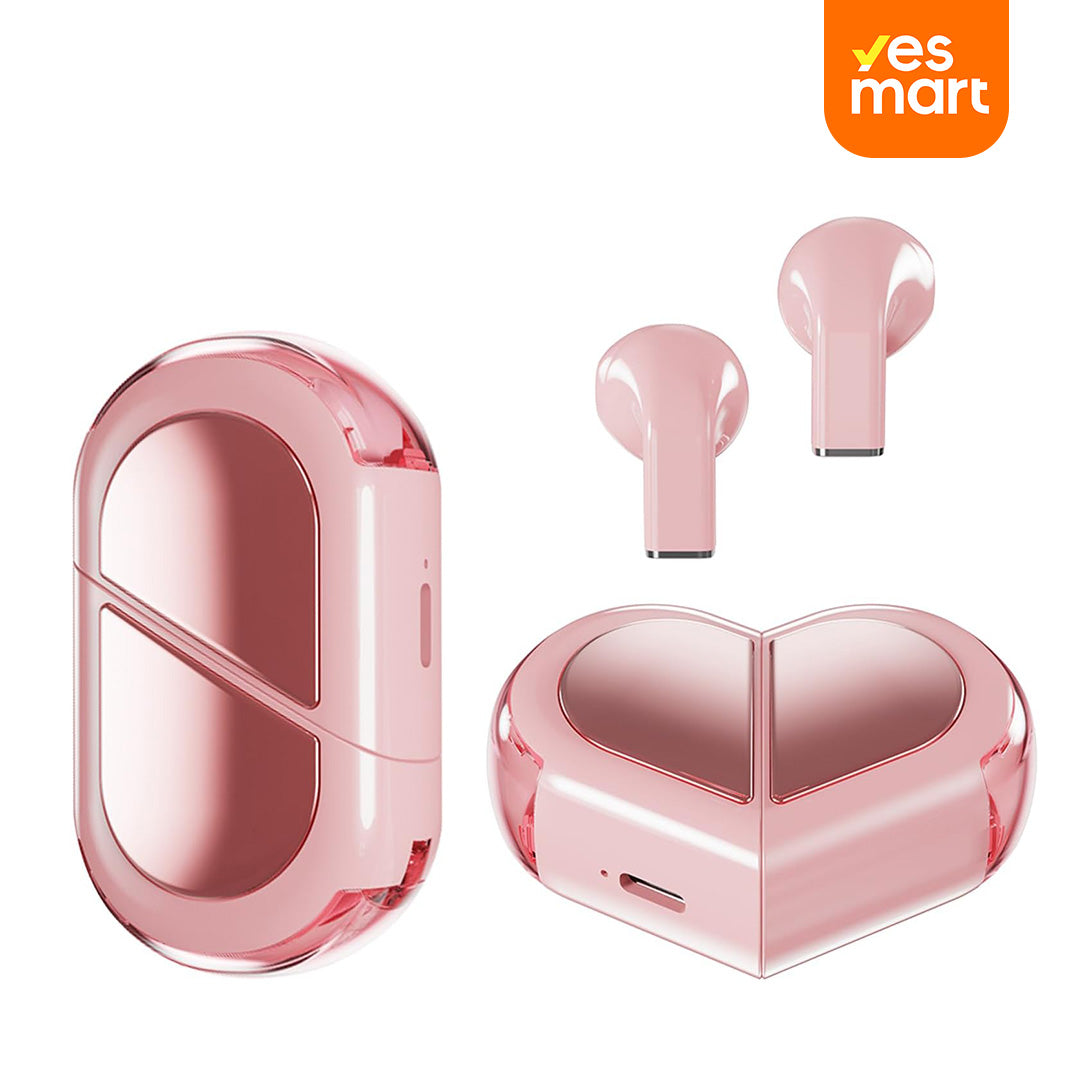 Auriculares Inalámbricos con Forma de Corazón, Mini Audífonos Bluetooth para Niñas y Mujeres, Diseño Pequeño y Ligero con Cancelación de Ruido y Estuche Transformable BH039