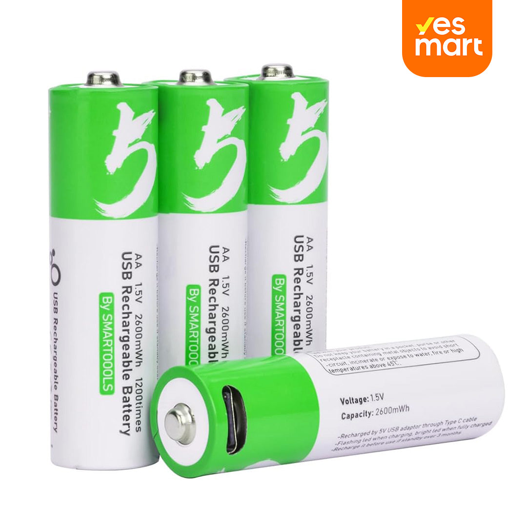 Baterías Recargables AA 2600mAh o AAA 750mAh 1.5V con Carga Rápida USB Tipo C (Elija entre Paquete de 4 AA o 4 AAA) BT001