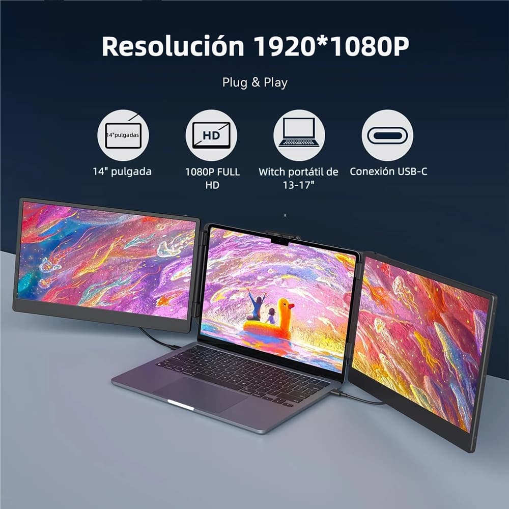 Monitor Triple Portátil Triple Boost 14" Pro, 3 Pantallas Full HD, Conexión USB-C Única, Aluminio - CD005