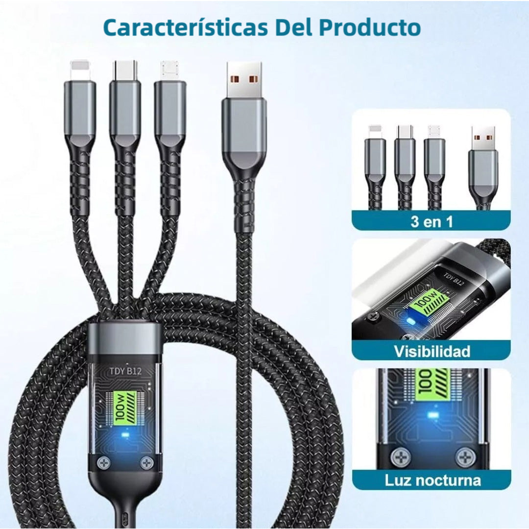Cable de Carga Rápida 3 en 1 con Conectores Tipo-C, Micro USB y Conectores Universales, Cable Trenzado de Nylon, Carga Rápida de 100W CI010