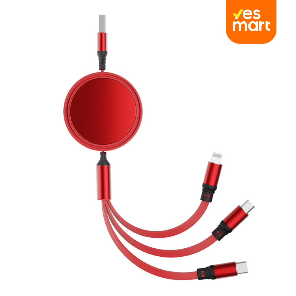 Cable de Carga 3 en 1 Retráctil para Auto, USB-C/Lightning/Micro USB, Portátil con Aluminio - CI022