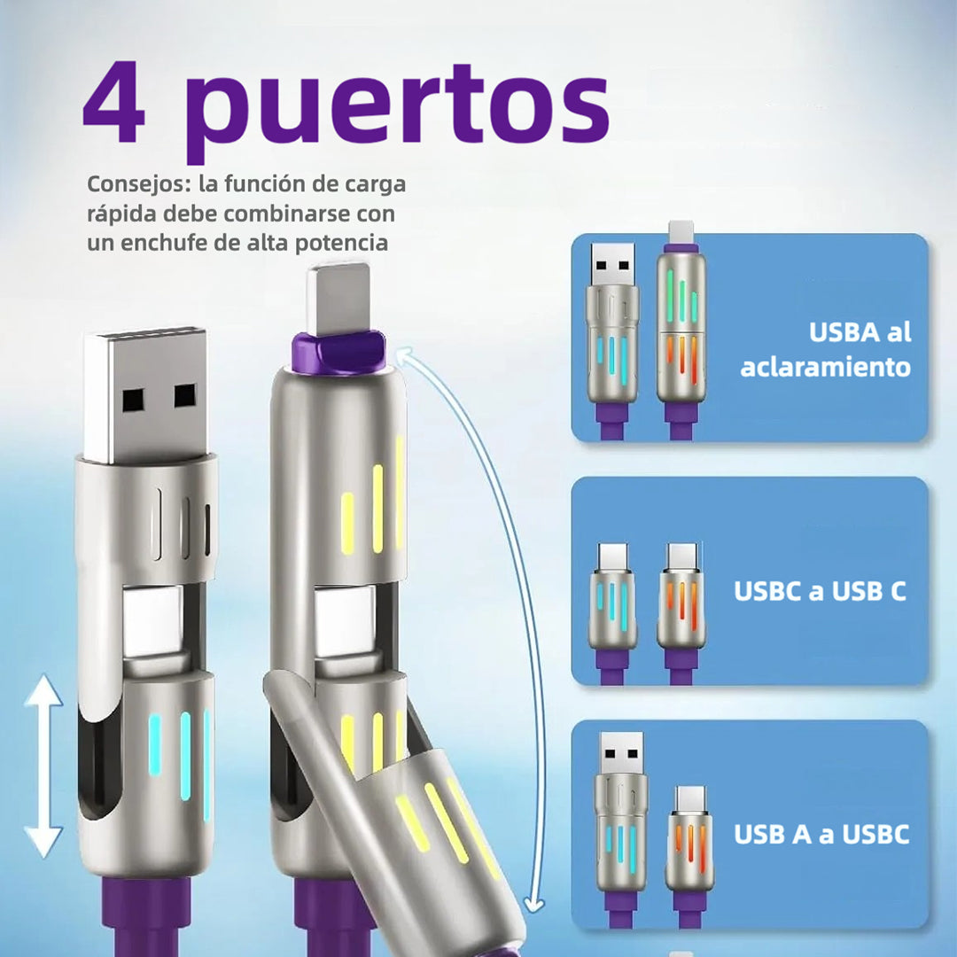 Cable USB-C 4 en 1 con Luz LED y Carga Rápida PD 5A, Sincronización de Datos, 240W, 4 pies, Compatible con iPhone, Samsung y Dispositivos Múltiples CI012 - Yesmart