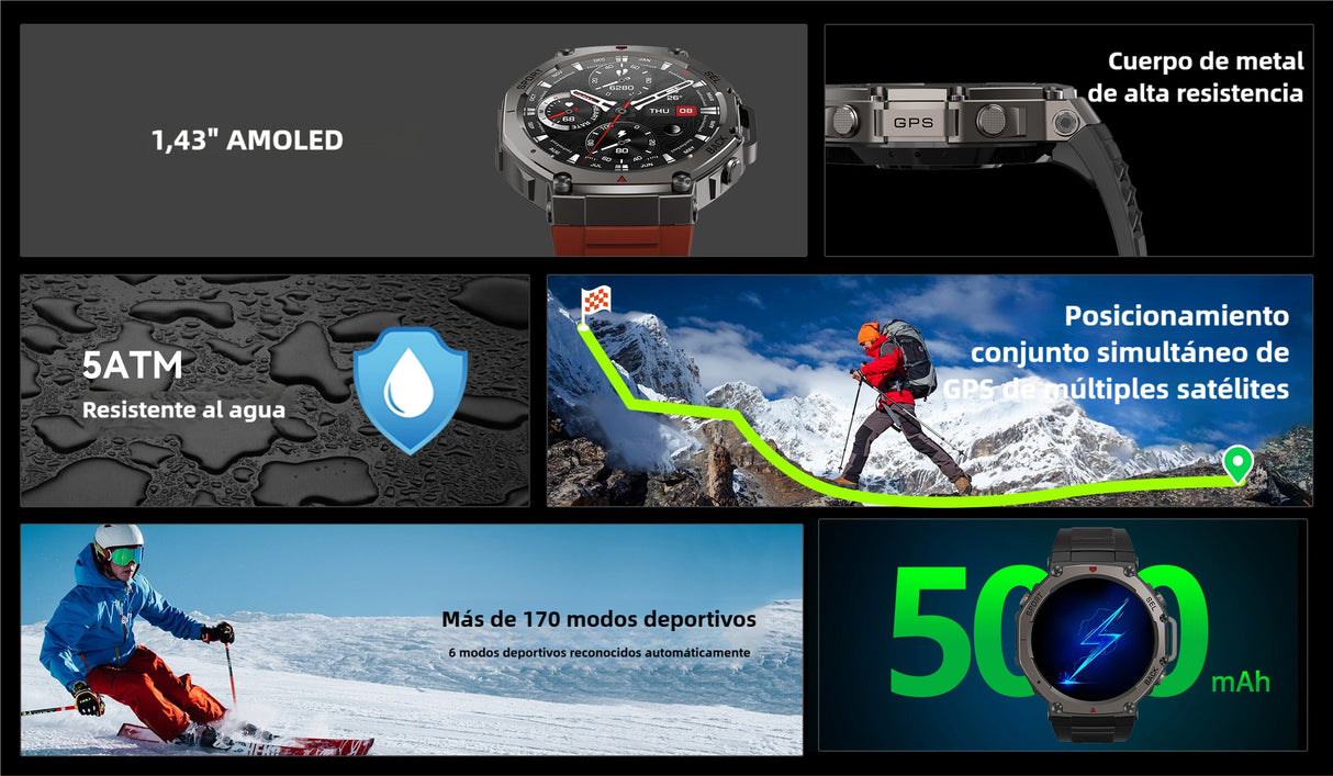 Reloj inteligente Resistente al Agua 5ATM con GPS Deportivo, Pantalla AMOLED, Barómetro y Brújula -SW026 - Yesmart