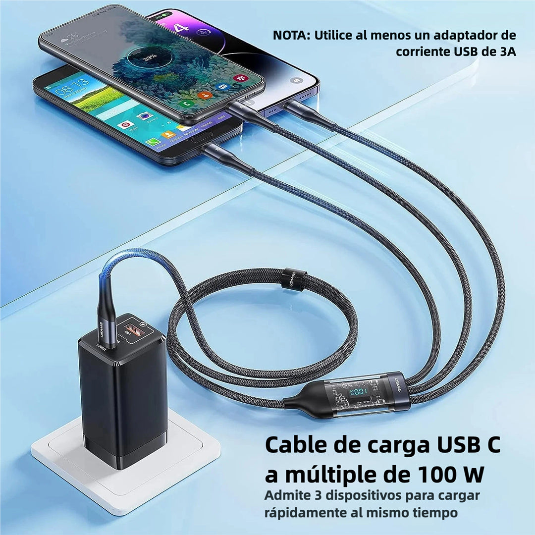 Cable de Carga Rápida 3 en 1 con Conectores Tipo-C, Micro USB y Conectores Universales, Cable Trenzado de Nylon, Carga Rápida de 100W CI010 - Yesmart