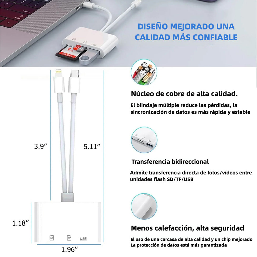 Adaptador de Tarjetas SD y USB 3.0 de 2 Puertos para iPhone, iPad, USB-C y Lightning - Lector de Memoria para SD, Micro SD, USB, Plug & Play - TM003