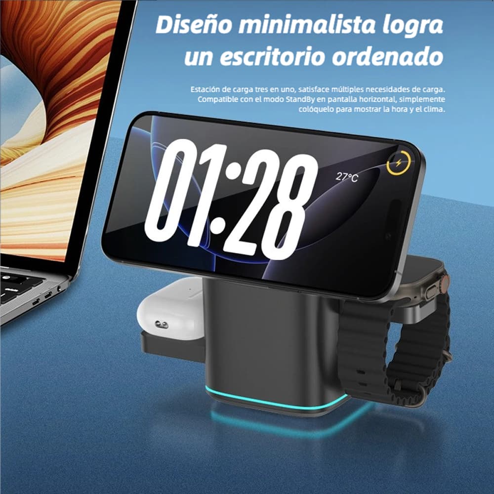 Base de Carga 3 en 1 Giratoria Qi2 15W, Compatible iPhone 16/15/14/13/12, Apple Watch, AirPods - CI023