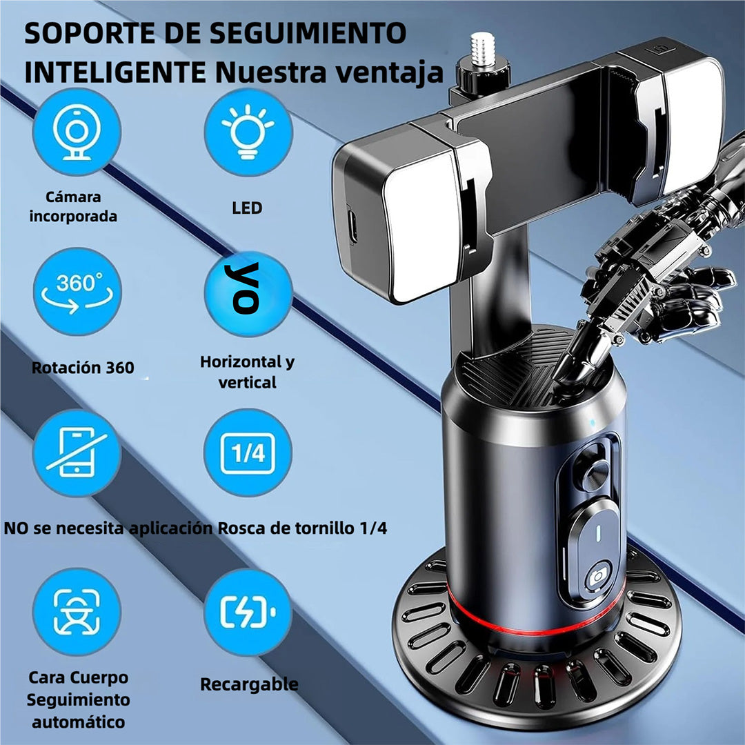 Soporte Inteligente con Seguimiento Facial Automático 360°, Trípode de Rotación Automática, Control Remoto y por Gestos, Soporte Recargable para Grabación de Video y Streaming en Vivo SC003