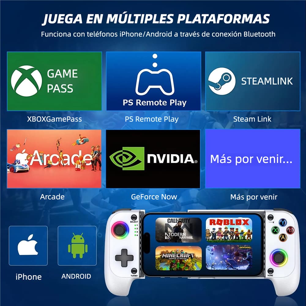 Control para Celular Gamer AJ007 para iPhone/Android con Luces Led, Joysticks Hall, Turbo y Soporte para Funda AJ007
