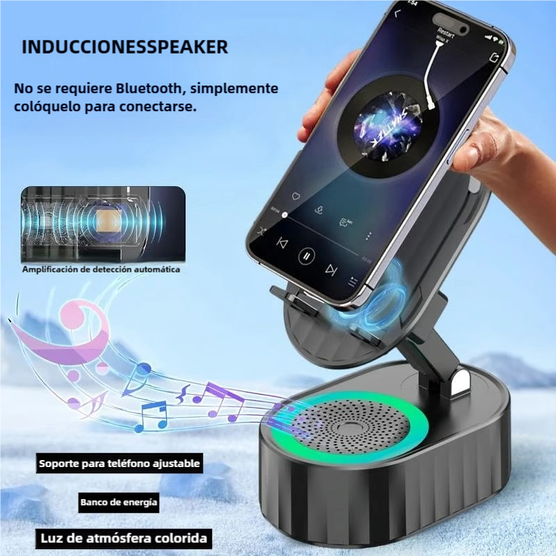 Upgraded Cell Phone Stand with Induction Speaker, Power Bank & Atmosphere Light – Adjustable, Foldable, and Compatible with Smartphones and Tablets BS018 - Yesmart