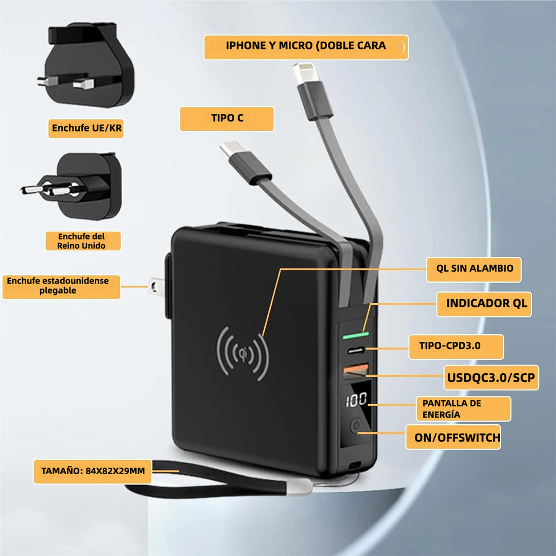 Banco de Energía 5 en 1 Internacional 10000mAh, Cargador Portátil Inalámbrico con Enchufe AC y Cable Integrado (Type-C y Lighting USB) - 4 Salidas y 2 Entradas BP005 - Yesmart