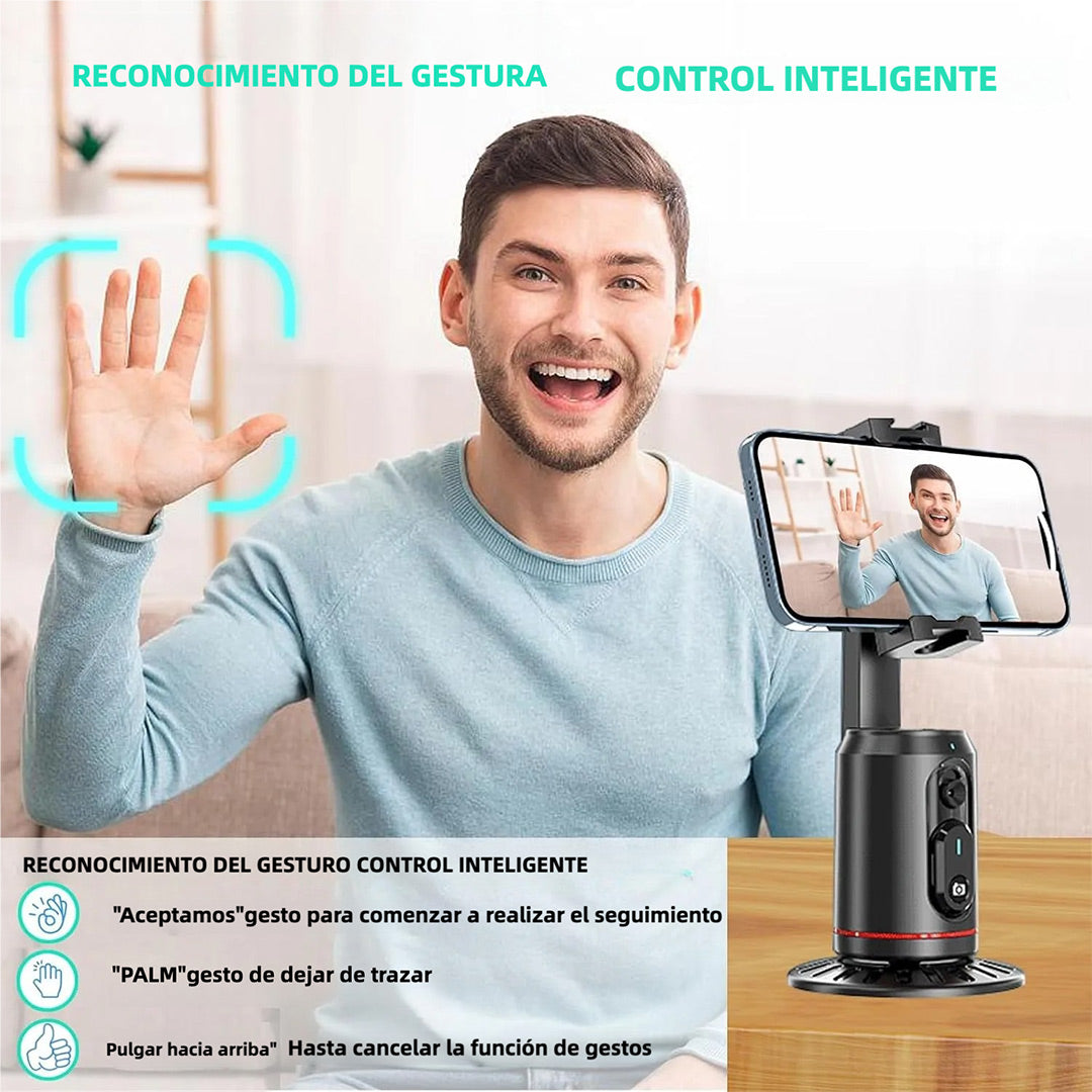 Soporte Inteligente con Seguimiento Facial Automático 360°, Trípode de Rotación Automática, Control Remoto y por Gestos, Soporte Recargable para Grabación de Video y Streaming en Vivo SC003