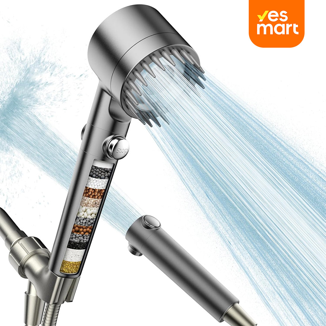 Cabezal de Ducha Filtrado con Mango, Alta Presión y Múltiples Modos de Rocío, Ducha con Filtro, Lavado a Presión para Agua Dura - AB001