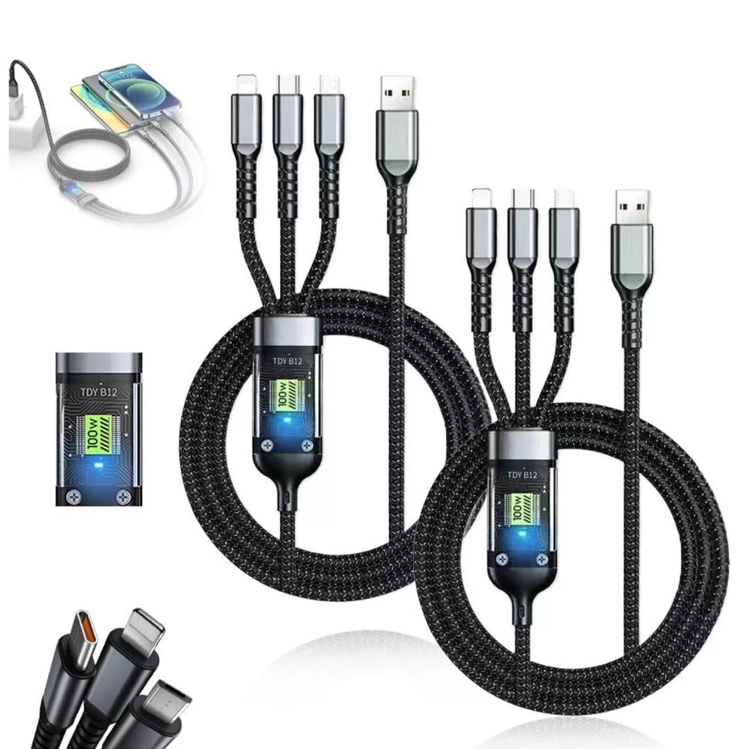 Cable de Carga Rápida 3 en 1 con Conectores Tipo-C, Micro USB y Conectores Universales, Cable Trenzado de Nylon, Carga Rápida de 100W CI010