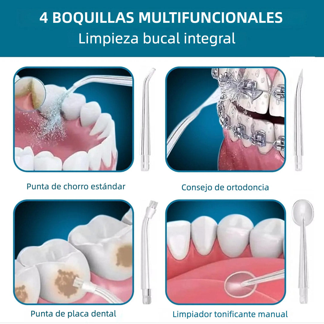 Hilo Dental Eléctrico Recargable para Dientes con 3 Modos, 4 Consejos de Chorro, Irrigador Oral Portátil, Limpiador de Encías y Tonsilas, 300ml de Capacidad, Impermeable IPX7, Batería de Larga Duración, CS002