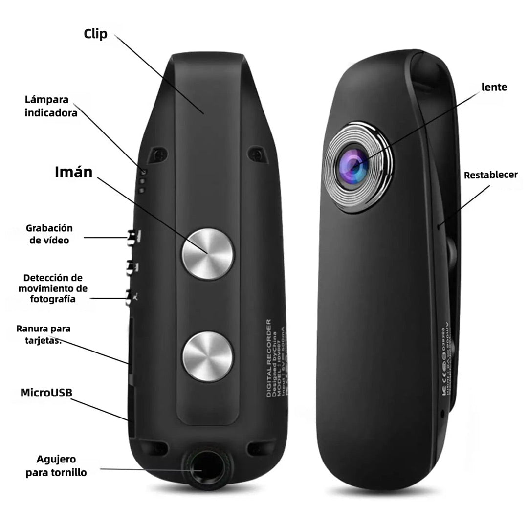 Cámara Corporal Mini 1080P HD con Detección de Movimiento, Batería Recargable, 180 Min de Grabación, Soporta Tarjeta SD hasta 64GB (Incluye Tarjeta MicroSD de 32GB GRATIS) CC003