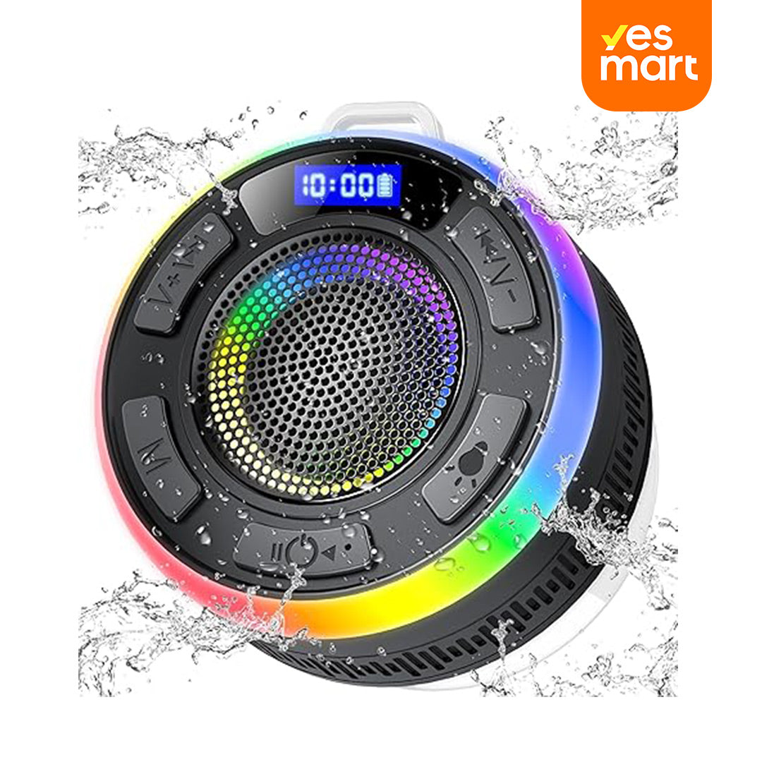 Altavoz Bluetooth para Ducha, Altavoces Portátiles IP7 a Prueba de Agua con Succión y Pantalla de Tiempo, Luces LED Dinámicas y Emparejamiento Estéreo Dual, Altavoz Inalámbrico con Micrófono para Baño, Playa – BS020