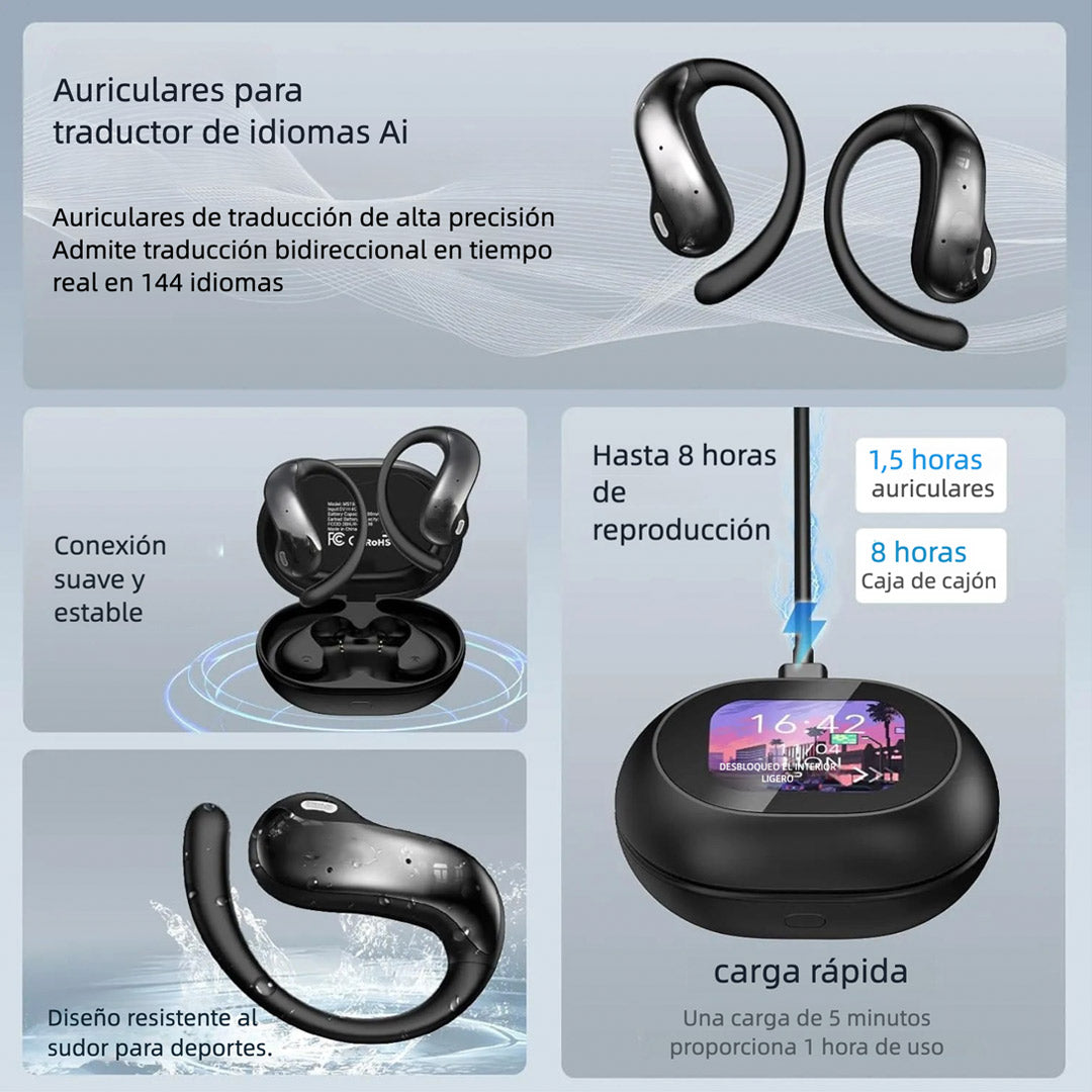 Audífonos Traductores Inteligentes con Pantalla Táctil, Traducción en Tiempo Real en 134 Idiomas, Bluetooth para Android y iPhone – BH040