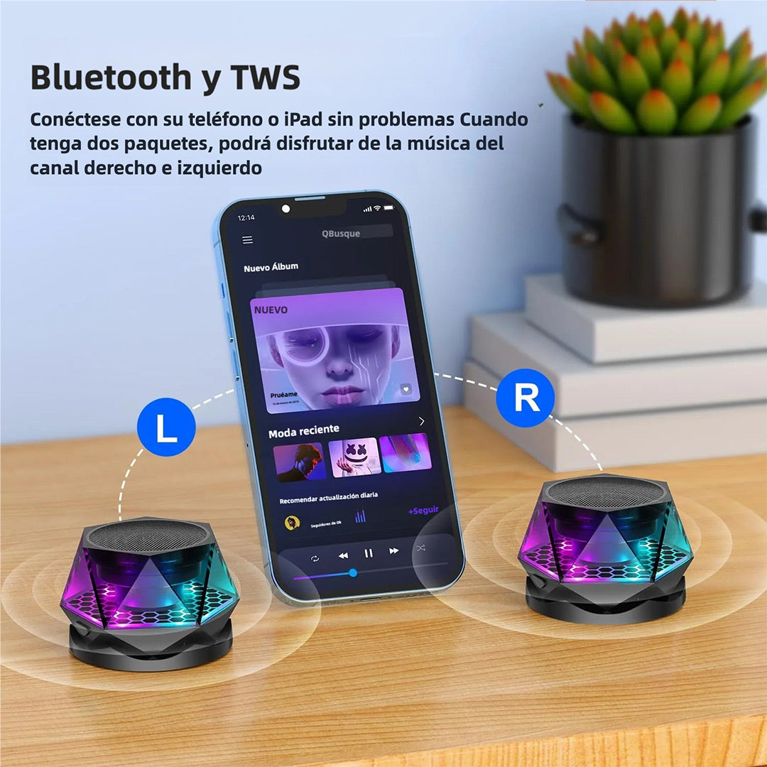 Altavoz Bluetooth Magnético Diseño Diamante, Mini Altavoz Inalámbrico con Luz RGB, Soporte Portátil para Teléfonos, Compatible con iPhone, Android y Emparejamiento TWS - BS019