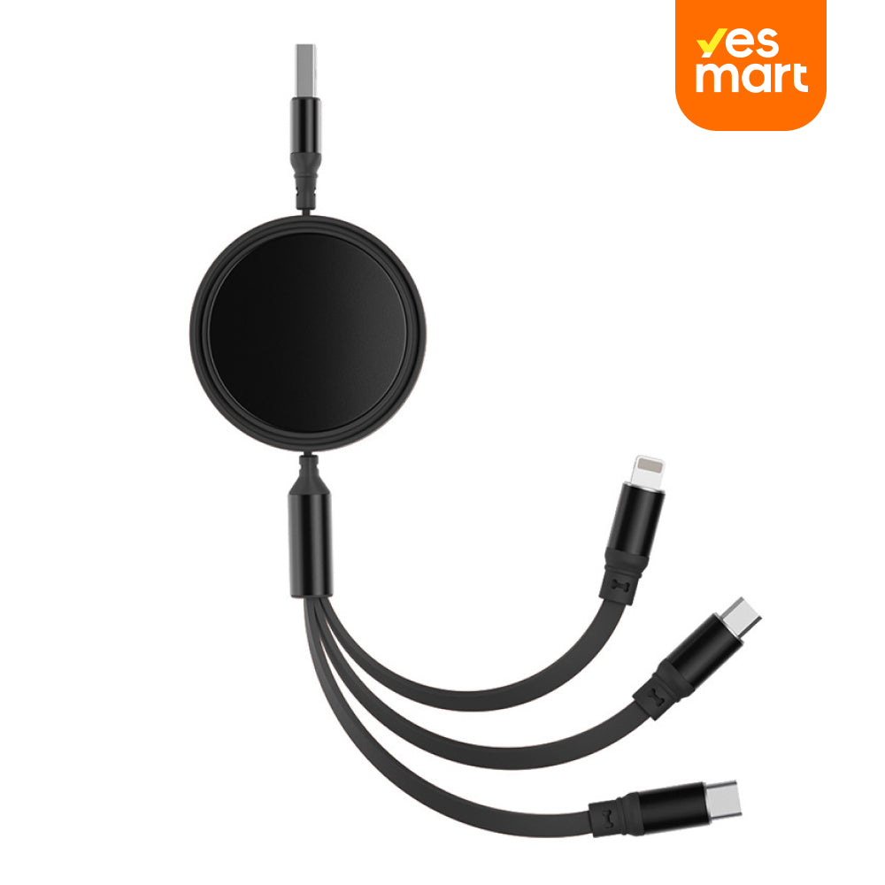 Cable de Carga 3 en 1 Retráctil para Auto, USB-C/Lightning/Micro USB, Portátil con Aluminio - CI022