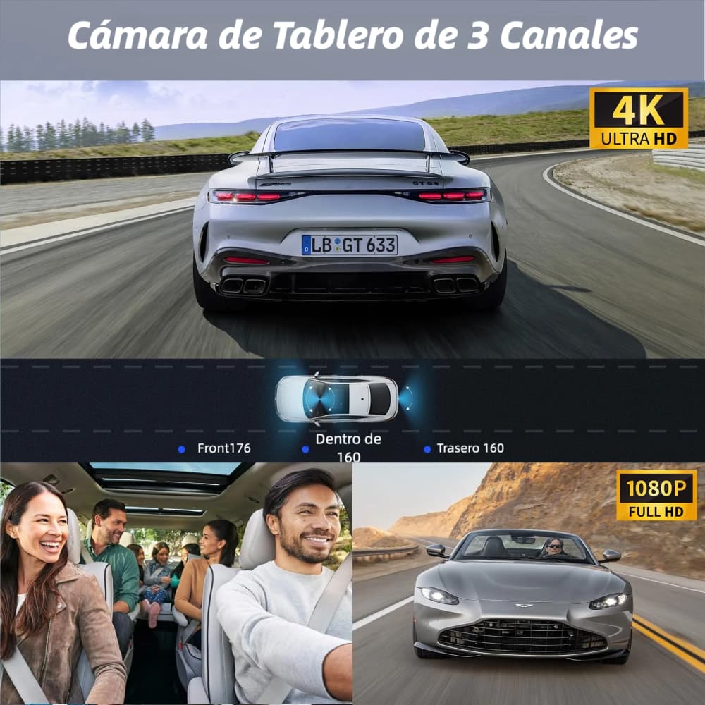 Miden X5 Cámara Dash Cam 4K WiFi Frontal + Interior + Trasera – Grabación 2160P/1080P, Visión 360°, 3 Canales, con Tarjeta SD 64GB Incluida