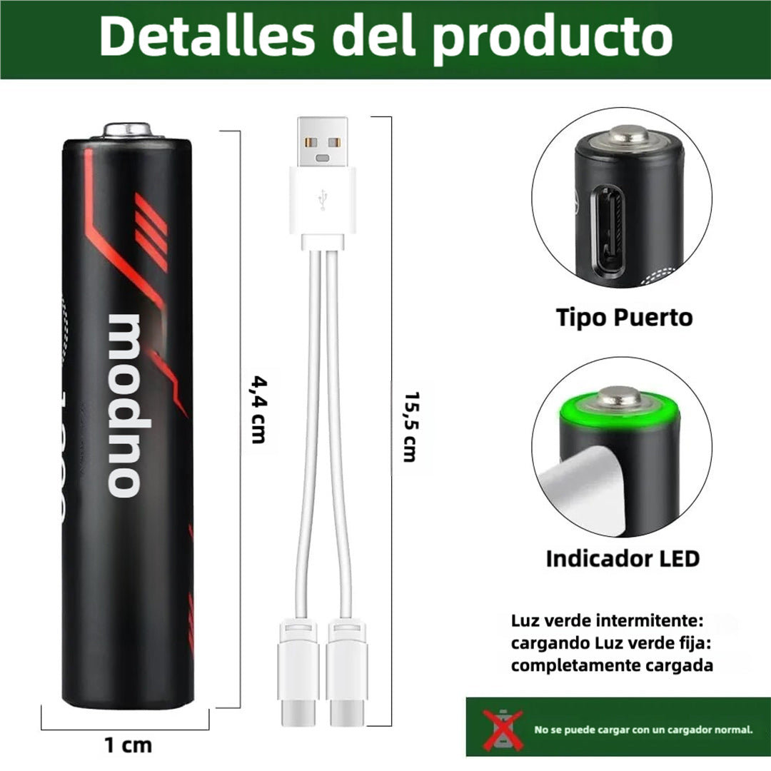 Baterías Recargables USB-C AAA 1.5V 3400mWh, Paquete de 4 Piezas con Carga Directa USB-C, Baterías Li-ion de Carga Rápida - BT003