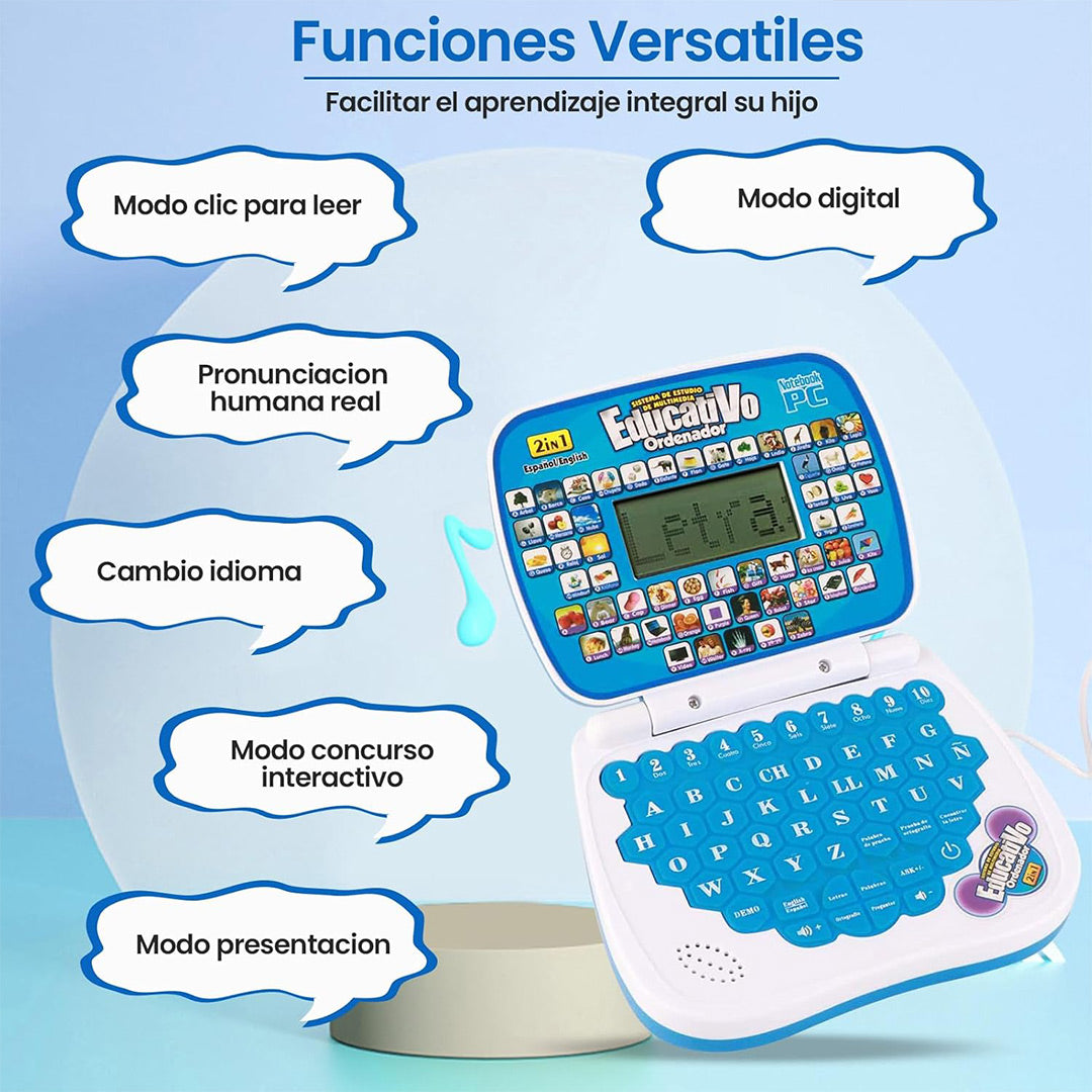 Laptop Educativa Bilingüe para Niños, Juguete Interactivo en Español e Inglés, Aprendizaje de Letras, Números, Palabras y Matemáticas, Computadora Infantil con Música y Luces JC013